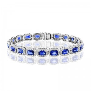 14K White Gold Emerald Cut Sapphires Diamonds Halo Bracelet