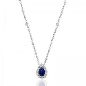18K White Gold Diamonds Halo Pendant With Four Bezel Set Stations Necklace
