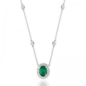 18K White Gold Round Cut Diamonds Halo Pendant With Four Station Bezel Set Diamonds Necklace