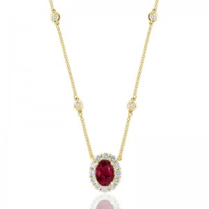 18K Yellow Gold Round Cut Diamonds Halo Pendant With Four Station Bezel Set Diamonds Necklace