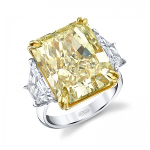 18.88 Carat Radiant Fancy Intense Yellow Diamond 3-stone Ring