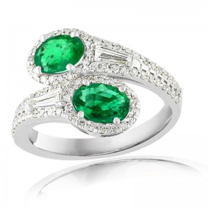 14K White Gold Oval Cut Rubies Mixed Cut Diamonds Bypass Cocktail Ring