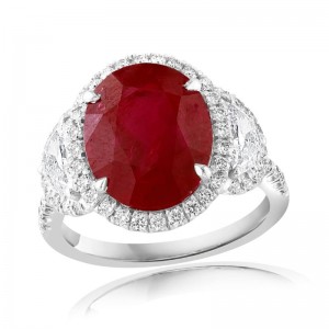 Platinum Three Stone Design With Half Moon Cut Diamond Side Stones And Halo Cocktail Ring