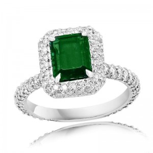 Platinum Emerald With Diamonds Double Halo Pave Cocktail Ring