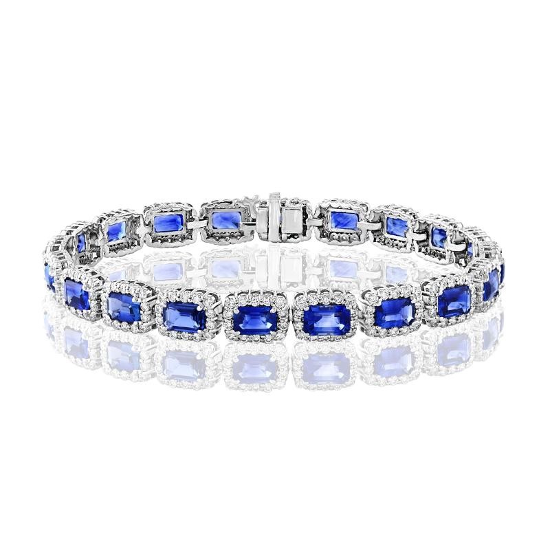 14K White Gold Emerald Cut Sapphires Diamonds Halo Bracelet