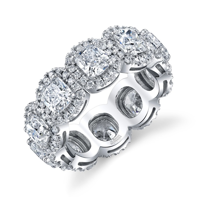 Cushion Diamond Eternity Band with Pave Halo