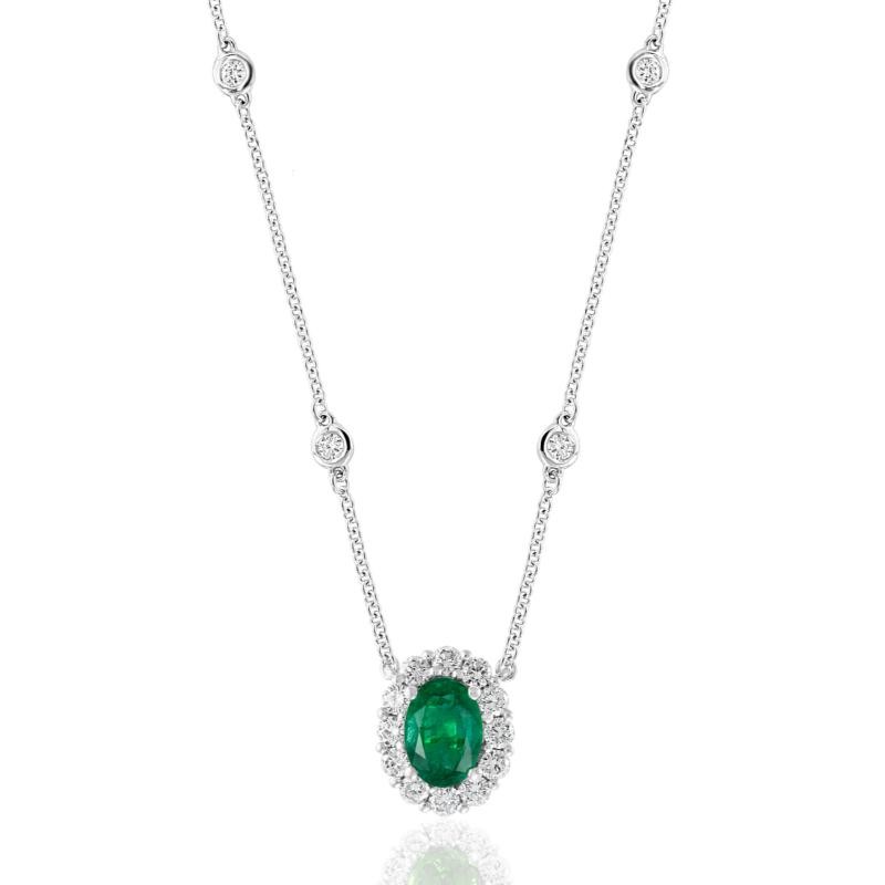 18K White Gold Round Cut Diamonds Halo Pendant With Four Station Bezel Set Diamonds Necklace