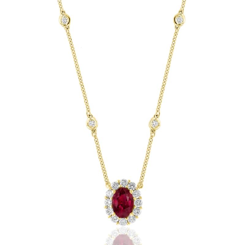 18K Yellow Gold Round Cut Diamonds Halo Pendant With Four Station Bezel Set Diamonds Necklace