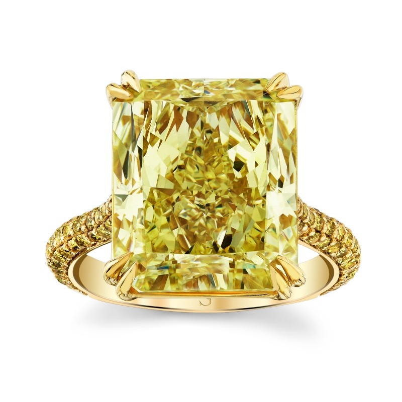 13.08 Carat Fancy Yellow Radiant Diamond Ring with Pave Band