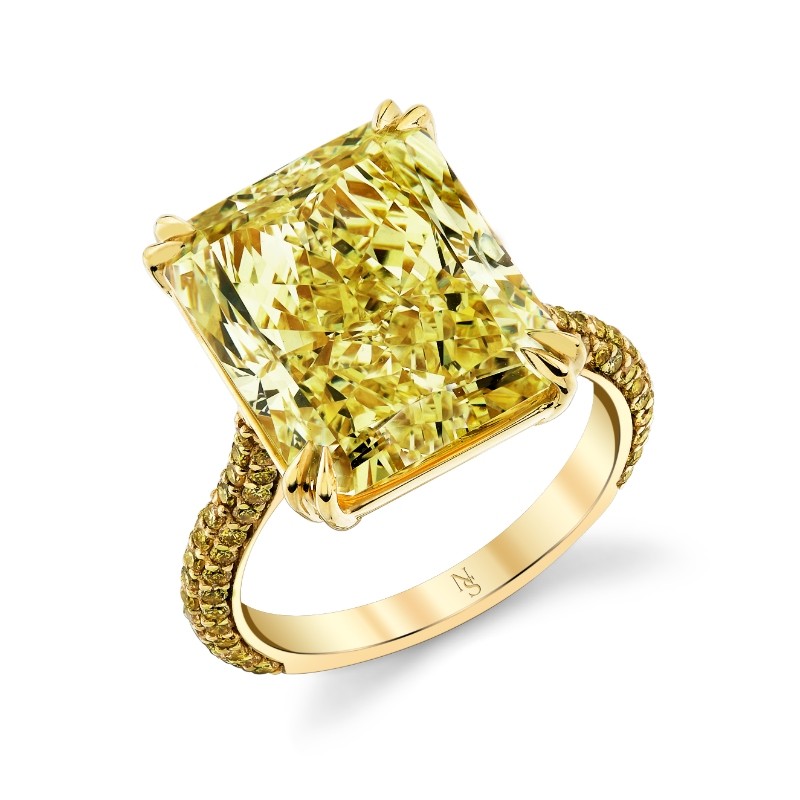 13.08 Carat Fancy Yellow Radiant Diamond Ring with Pave Band