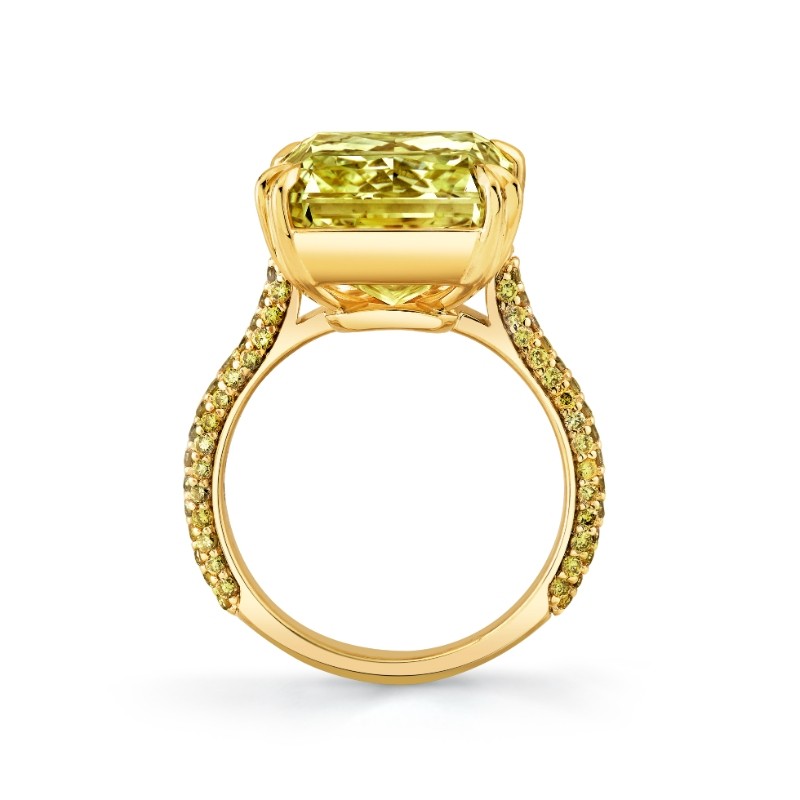 13.08 Carat Fancy Yellow Radiant Diamond Ring with Pave Band
