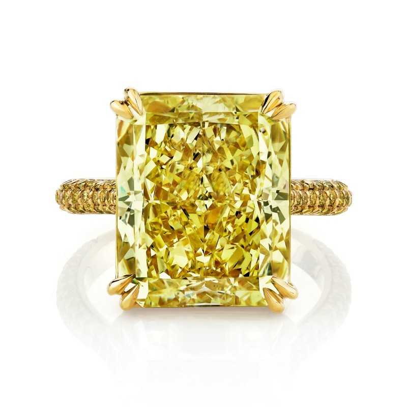 13.08 Carat Fancy Yellow Radiant Diamond Ring with Pave Band