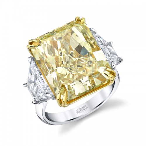 18.88 Carat Radiant Fancy Intense Yellow Diamond 3-stone Ring