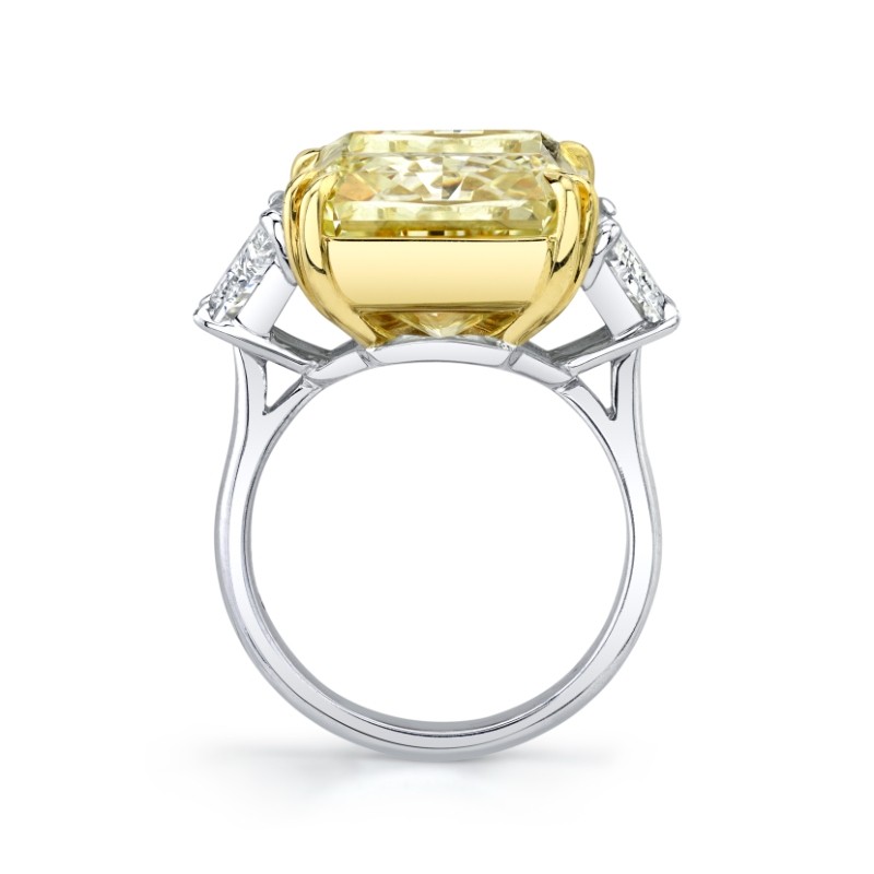 18.88 Carat Radiant Fancy Intense Yellow Diamond 3-stone Ring
