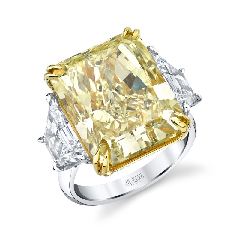 18.88 Carat Radiant Fancy Intense Yellow Diamond 3-stone Ring