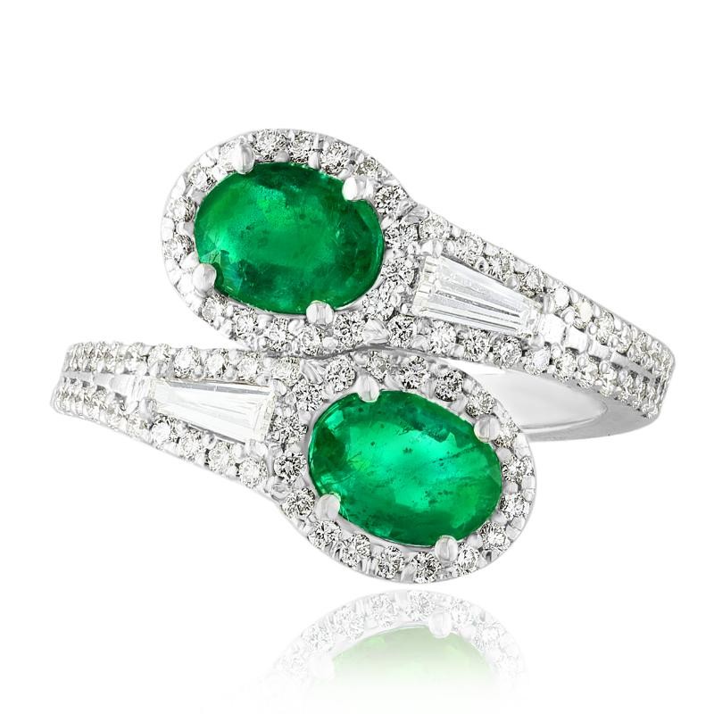 14K White Gold Oval Cut Emearlds Mixed Cut Diamonds Bypass Cocktail Ring