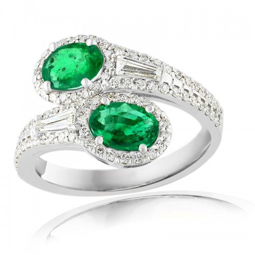 14K White Gold Oval Cut Rubies Mixed Cut Diamonds Bypass Cocktail Ring