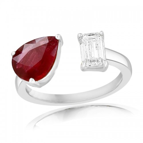 14K White Gold Pear Cut Ruby  Emerald Cut Diamond Open Shank Toi Et Moi Ring