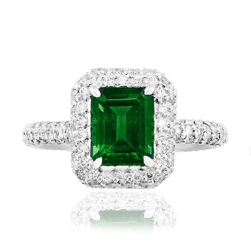 Platinum Emerald With Diamonds Double Halo Pave Cocktail Ring